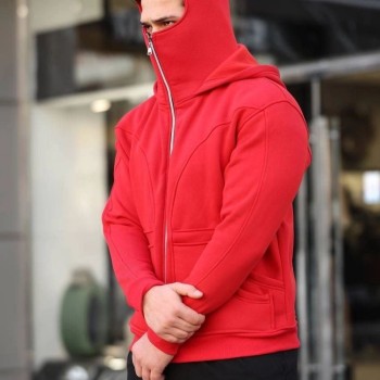Erkek Maskeli Ninja Model Çift Kapüşonlu 3 İplik Şardonlu Fermuarlı Sweatshirt - Kırmızı Erkek Maskeli Ninja Model Çift Kapüşonlu 3 İplik Şardonlu Fermuarlı Sweatshirt - Kırmızı