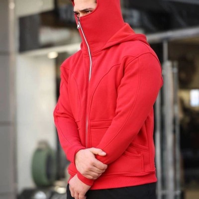 Erkek Maskeli Ninja Model Çift Kapüşonlu 3 İplik Şardonlu Fermuarlı Sweatshirt - Kırmızı Erkek Maskeli Ninja Model Çift Kapüşonlu 3 İplik Şardonlu Fermuarlı Sweatshirt - Kırmızı