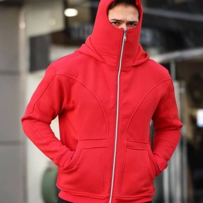 Erkek Maskeli Ninja Model Çift Kapüşonlu 3 İplik Şardonlu Fermuarlı Sweatshirt - Kırmızı Erkek Maskeli Ninja Model Çift Kapüşonlu 3 İplik Şardonlu Fermuarlı Sweatshirt - Kırmızı