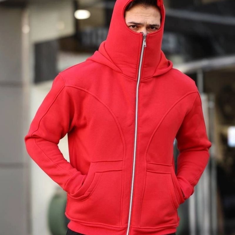 Erkek Maskeli Ninja Model Çift Kapüşonlu 3 İplik Şardonlu Fermuarlı Sweatshirt - Kırmızı Erkek Maskeli Ninja Model Çift Kapüşonlu 3 İplik Şardonlu Fermuarlı Sweatshirt - Kırmızı