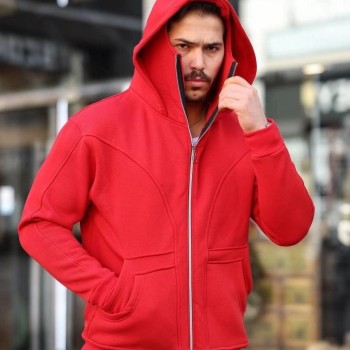 Erkek Maskeli Ninja Model Çift Kapüşonlu 3 İplik Şardonlu Fermuarlı Sweatshirt - Kırmızı