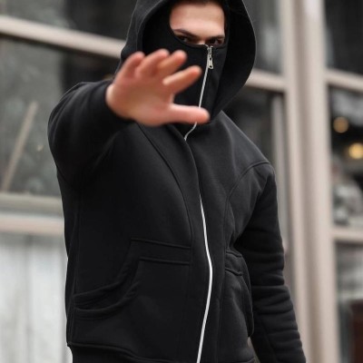 Erkek Maskeli Ninja Model Çift Kapüşonlu 3 İplik Şardonlu Fermuarlı Sweatshirt - Siyah Erkek Maskeli Ninja Model Çift Kapüşonlu 3 İplik Şardonlu Fermuarlı Sweatshirt - Siyah