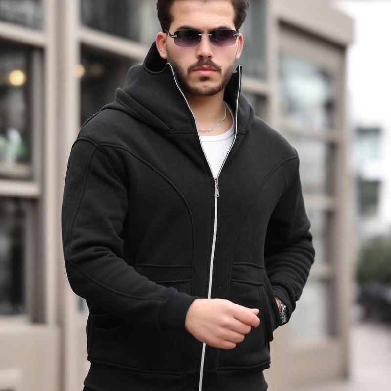 Erkek Maskeli Ninja Model Çift Kapüşonlu 3 İplik Şardonlu Fermuarlı Sweatshirt - Siyah Erkek Maskeli Ninja Model Çift Kapüşonlu 3 İplik Şardonlu Fermuarlı Sweatshirt - Siyah
