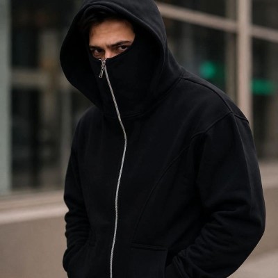 Erkek Maskeli Ninja Model Çift Kapüşonlu 3 İplik Şardonlu Fermuarlı Sweatshirt - Siyah Erkek Maskeli Ninja Model Çift Kapüşonlu 3 İplik Şardonlu Fermuarlı Sweatshirt - Siyah