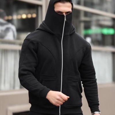 Erkek Maskeli Ninja Model Çift Kapüşonlu 3 İplik Şardonlu Fermuarlı Sweatshirt - Siyah Erkek Maskeli Ninja Model Çift Kapüşonlu 3 İplik Şardonlu Fermuarlı Sweatshirt - Siyah