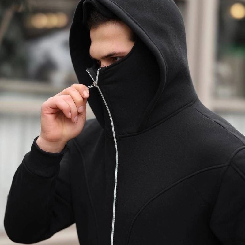Erkek Maskeli Ninja Model Çift Kapüşonlu 3 İplik Şardonlu Fermuarlı Sweatshirt - Siyah Erkek Maskeli Ninja Model Çift Kapüşonlu 3 İplik Şardonlu Fermuarlı Sweatshirt - Siyah