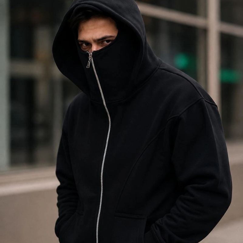 Erkek Maskeli Ninja Model Çift Kapüşonlu 3 İplik Şardonlu Fermuarlı Sweatshirt - Siyah Erkek Maskeli Ninja Model Çift Kapüşonlu 3 İplik Şardonlu Fermuarlı Sweatshirt - Siyah