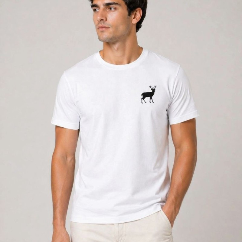 Erkek Minimal Geyik Logolu Tişört Bisiklet Yaka Kısa kol Yazlık T-Shirt - Beyaz Erkek Minimal Geyik Logolu Tişört Bisiklet Yaka Kısa kol Yazlık T-Shirt - Beyaz