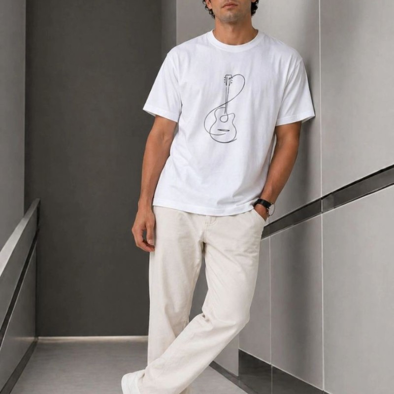 Erkek Minimal Gitar Baskılı Tişört T-Shirt Yazlık Kısa Kol Bisiklet Yaka T-Shirt - Beyaz Erkek Minimal Gitar Baskılı Tişört T-Shirt Yazlık Kısa Kol Bisiklet Yaka T-Shirt - Beyaz