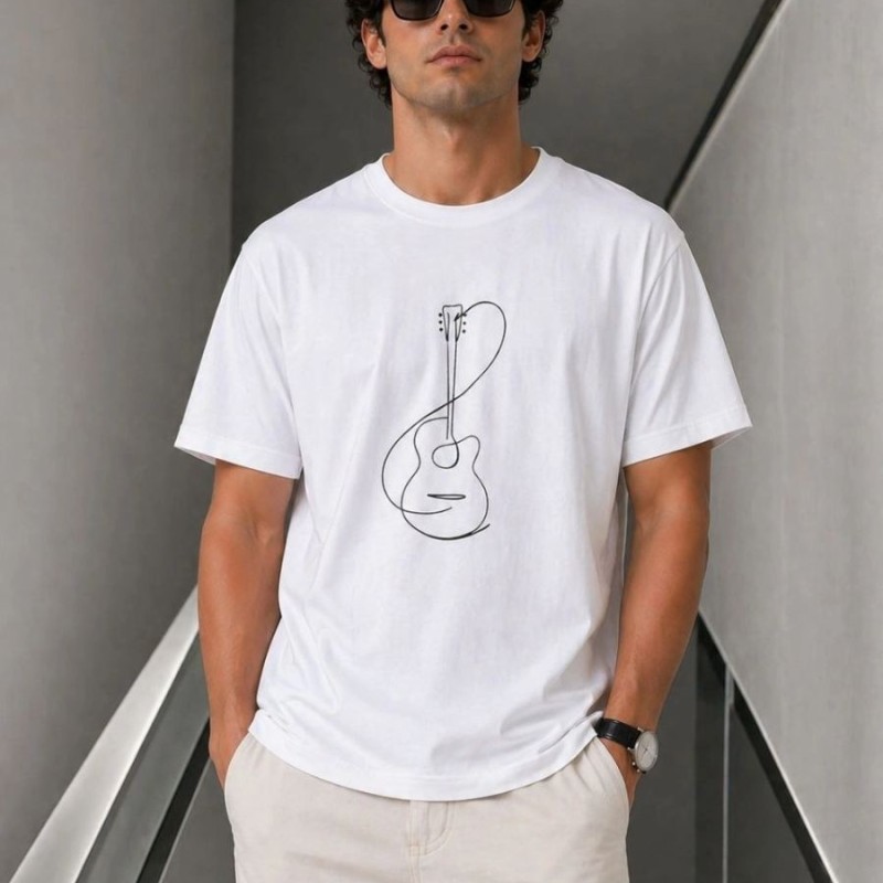 Erkek Minimal Gitar Baskılı Tişört T-Shirt Yazlık Kısa Kol Bisiklet Yaka T-Shirt - Beyaz Erkek Minimal Gitar Baskılı Tişört T-Shirt Yazlık Kısa Kol Bisiklet Yaka T-Shirt - Beyaz