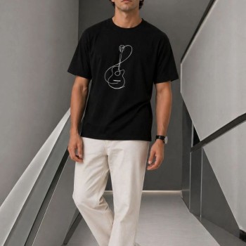 Erkek Minimal Gitar Baskılı Tişört T-Shirt Yazlık Kısa Kol Bisiklet Yaka T-Shirt - Siyah Erkek Minimal Gitar Baskılı Tişört T-Shirt Yazlık Kısa Kol Bisiklet Yaka T-Shirt - Siyah