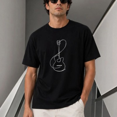 Erkek Minimal Gitar Baskılı Tişört T-Shirt Yazlık Kısa Kol Bisiklet Yaka T-Shirt - Siyah Erkek Minimal Gitar Baskılı Tişört T-Shirt Yazlık Kısa Kol Bisiklet Yaka T-Shirt - Siyah