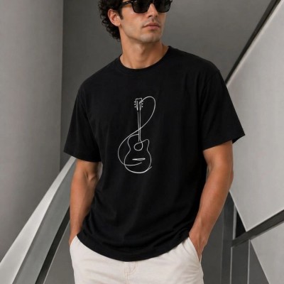 Erkek Minimal Gitar Baskılı Tişört T-Shirt Yazlık Kısa Kol Bisiklet Yaka T-Shirt - Siyah Erkek Minimal Gitar Baskılı Tişört T-Shirt Yazlık Kısa Kol Bisiklet Yaka T-Shirt - Siyah