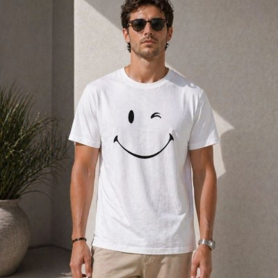 Erkek Minimal Gülümseyen Yüz Baskılı Tişört Kısa Kol Yazlık T-Shirt - Beyaz Erkek Minimal Gülümseyen Yüz Baskılı Tişört Kısa Kol Yazlık T-Shirt - Beyaz
