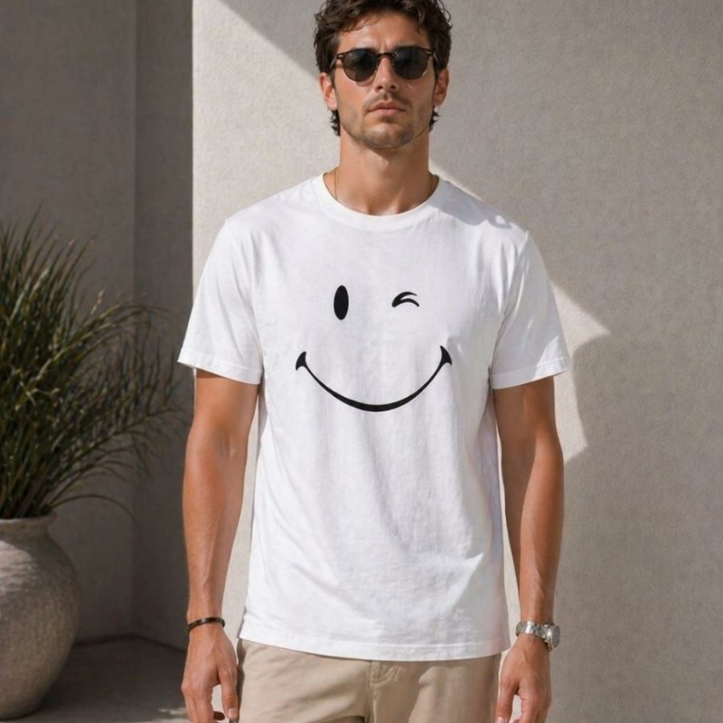 Erkek Minimal Gülümseyen Yüz Baskılı Tişört Kısa Kol Yazlık T-Shirt - Beyaz Erkek Minimal Gülümseyen Yüz Baskılı Tişört Kısa Kol Yazlık T-Shirt - Beyaz