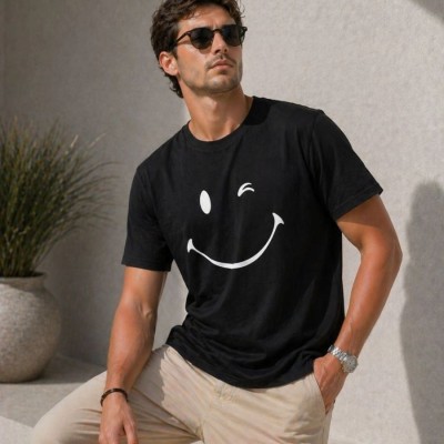 Erkek Minimal Gülümseyen Yüz Baskılı Tişört Kısa Kol Yazlık T-Shirt - Siyah Erkek Minimal Gülümseyen Yüz Baskılı Tişört Kısa Kol Yazlık T-Shirt - Siyah