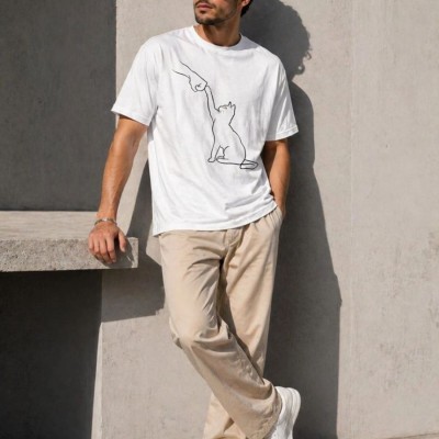 Erkek Minimal Kedi Çizim Baskılı Tişört Kısa Kol Yazlık T-Shirt - Beyaz Erkek Minimal Kedi Çizim Baskılı Tişört Kısa Kol Yazlık T-Shirt - Beyaz