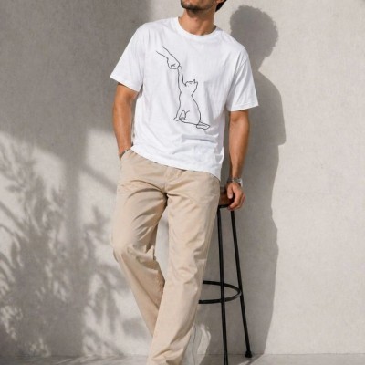 Erkek Minimal Kedi Çizim Baskılı Tişört Kısa Kol Yazlık T-Shirt - Beyaz Erkek Minimal Kedi Çizim Baskılı Tişört Kısa Kol Yazlık T-Shirt - Beyaz