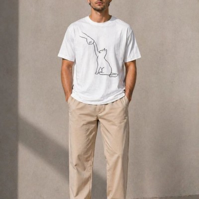 Erkek Minimal Kedi Çizim Baskılı Tişört Kısa Kol Yazlık T-Shirt - Beyaz Erkek Minimal Kedi Çizim Baskılı Tişört Kısa Kol Yazlık T-Shirt - Beyaz