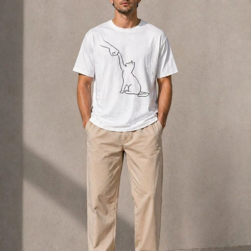 Erkek Minimal Kedi Çizim Baskılı Tişört Kısa Kol Yazlık T-Shirt - Beyaz Erkek Minimal Kedi Çizim Baskılı Tişört Kısa Kol Yazlık T-Shirt - Beyaz