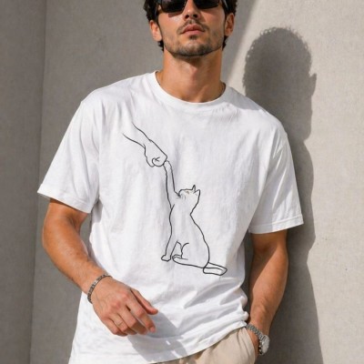 Erkek Minimal Kedi Çizim Baskılı Tişört Kısa Kol Yazlık T-Shirt - Beyaz Erkek Minimal Kedi Çizim Baskılı Tişört Kısa Kol Yazlık T-Shirt - Beyaz