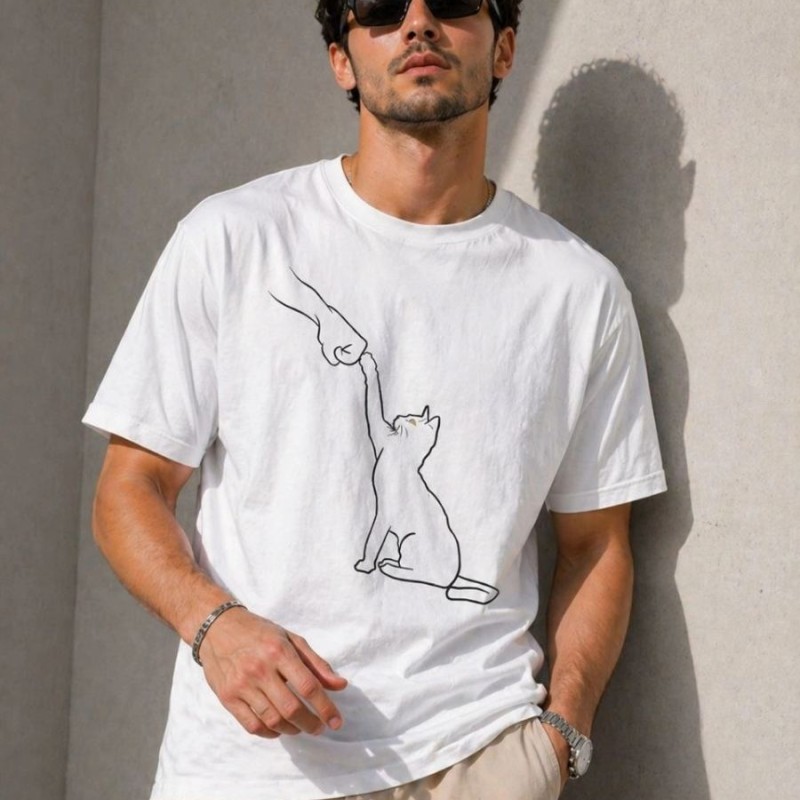 Erkek Minimal Kedi Çizim Baskılı Tişört Kısa Kol Yazlık T-Shirt - Beyaz Erkek Minimal Kedi Çizim Baskılı Tişört Kısa Kol Yazlık T-Shirt - Beyaz