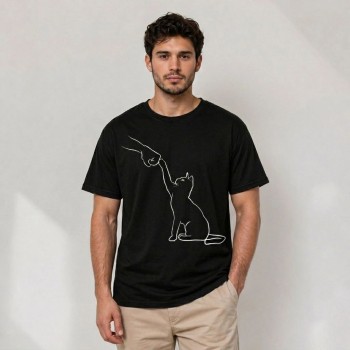 Erkek Minimal Kedi Çizim Baskılı Tişört Kısa Kol Yazlık T-Shirt - Siyah Erkek Minimal Kedi Çizim Baskılı Tişört Kısa Kol Yazlık T-Shirt - Siyah