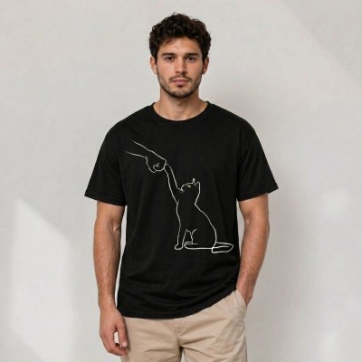Erkek Minimal Kedi Çizim Baskılı Tişört Kısa Kol Yazlık T-Shirt - Siyah Erkek Minimal Kedi Çizim Baskılı Tişört Kısa Kol Yazlık T-Shirt - Siyah