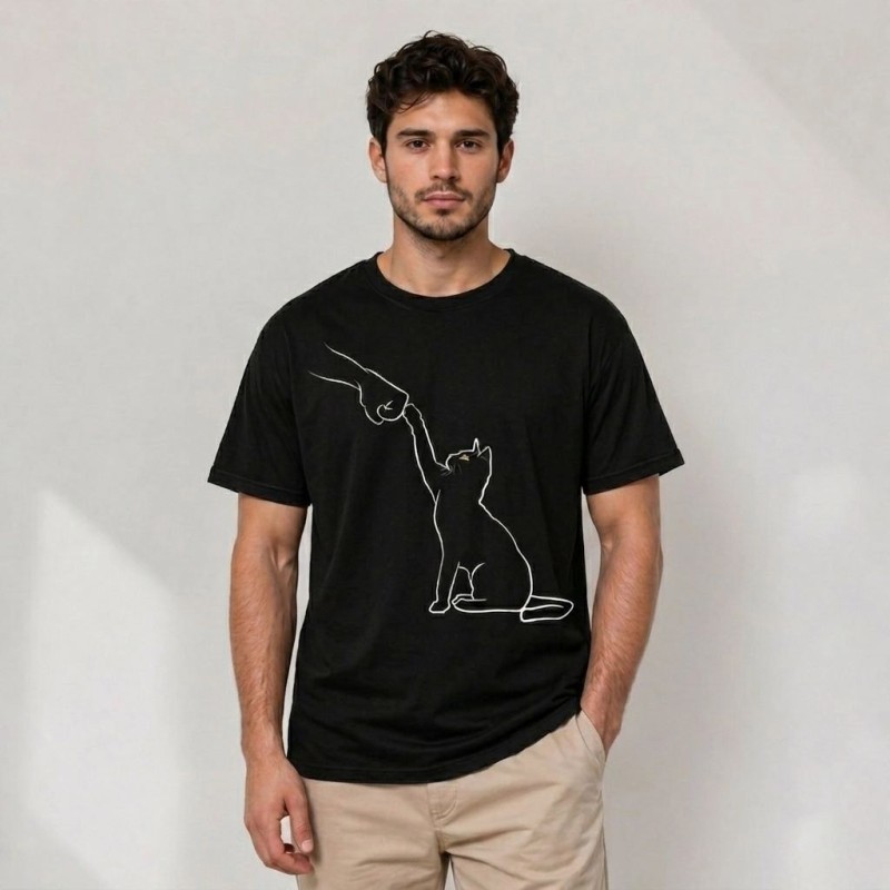 Erkek Minimal Kedi Çizim Baskılı Tişört Kısa Kol Yazlık T-Shirt - Siyah Erkek Minimal Kedi Çizim Baskılı Tişört Kısa Kol Yazlık T-Shirt - Siyah
