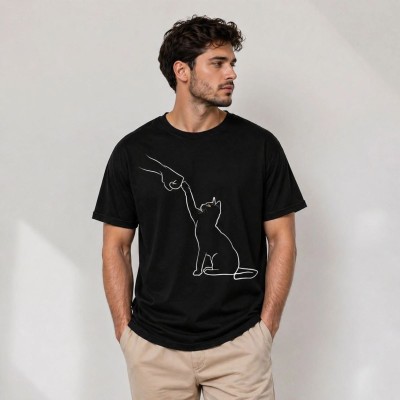 Erkek Minimal Kedi Çizim Baskılı Tişört Kısa Kol Yazlık T-Shirt - Siyah Erkek Minimal Kedi Çizim Baskılı Tişört Kısa Kol Yazlık T-Shirt - Siyah