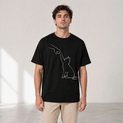 Erkek Minimal Kedi Çizim Baskılı Tişört Kısa Kol Yazlık T-Shirt - Siyah Erkek Minimal Kedi Çizim Baskılı Tişört Kısa Kol Yazlık T-Shirt - Siyah