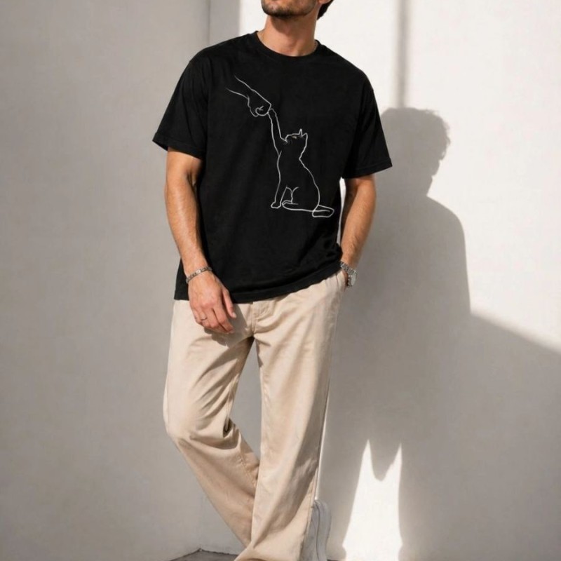 Erkek Minimal Kedi Çizim Baskılı Tişört Kısa Kol Yazlık T-Shirt - Siyah Erkek Minimal Kedi Çizim Baskılı Tişört Kısa Kol Yazlık T-Shirt - Siyah