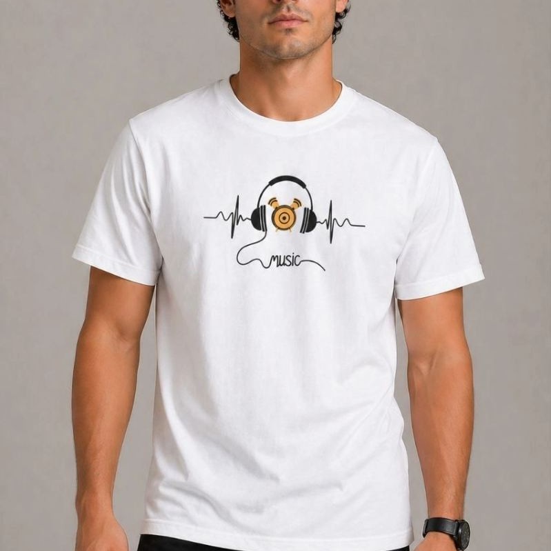 Erkek Müzik Temalı Baskılı Tişört Bisiklet Yaka Kısa Kol T-Shirt - Beyaz Erkek Müzik Temalı Baskılı Tişört Bisiklet Yaka Kısa Kol T-Shirt - Beyaz