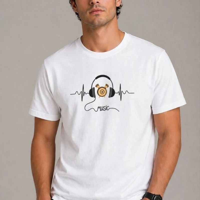 Erkek Müzik Temalı Baskılı Tişört Bisiklet Yaka Kısa Kol T-Shirt - Beyaz Erkek Müzik Temalı Baskılı Tişört Bisiklet Yaka Kısa Kol T-Shirt - Beyaz