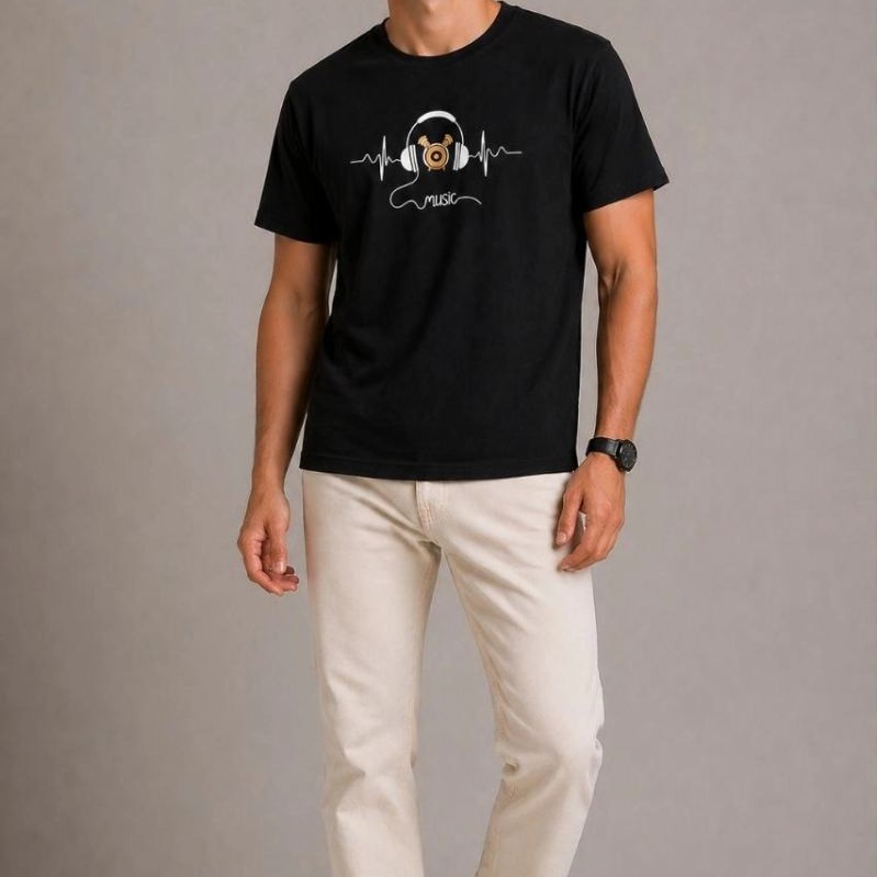 Erkek Müzik Temalı Baskılı Tişört Bisiklet Yaka Kısa Kol T-Shirt - Siyah Erkek Müzik Temalı Baskılı Tişört Bisiklet Yaka Kısa Kol T-Shirt - Siyah