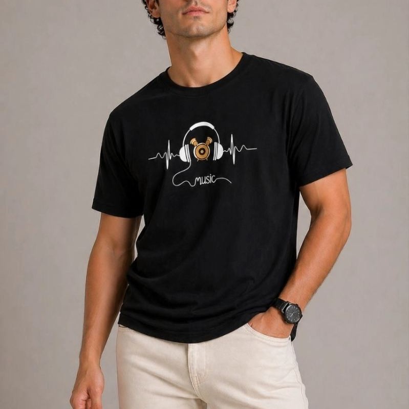 Erkek Müzik Temalı Baskılı Tişört Bisiklet Yaka Kısa Kol T-Shirt - Siyah Erkek Müzik Temalı Baskılı Tişört Bisiklet Yaka Kısa Kol T-Shirt - Siyah