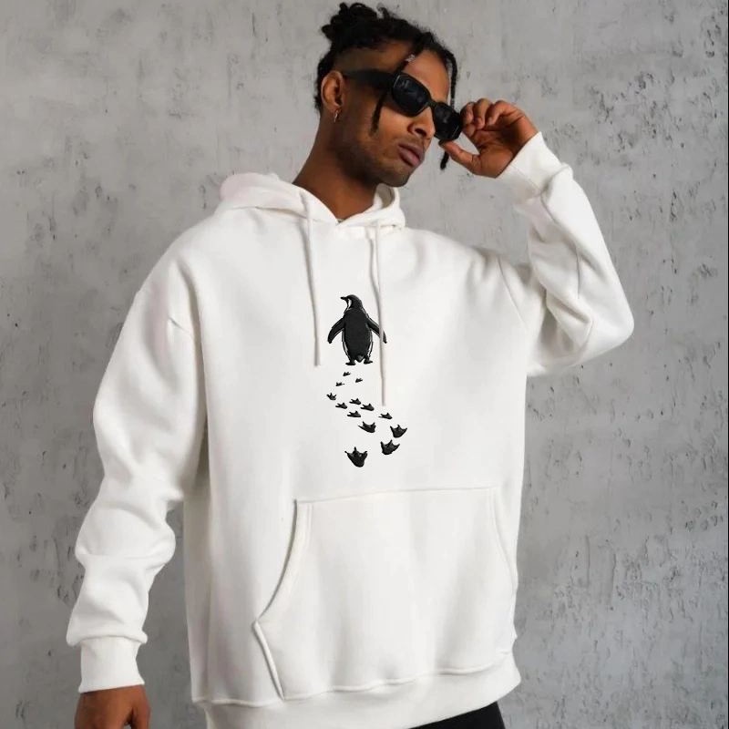 Erkek Nihilist Penguen Baskılı 3 İplik Pamuklu Kapüşonlu Sweatshirt Hoodie Beyaz Erkek Nihilist Penguen Baskılı 3 İplik Pamuklu Kapüşonlu Sweatshirt Hoodie Beyaz