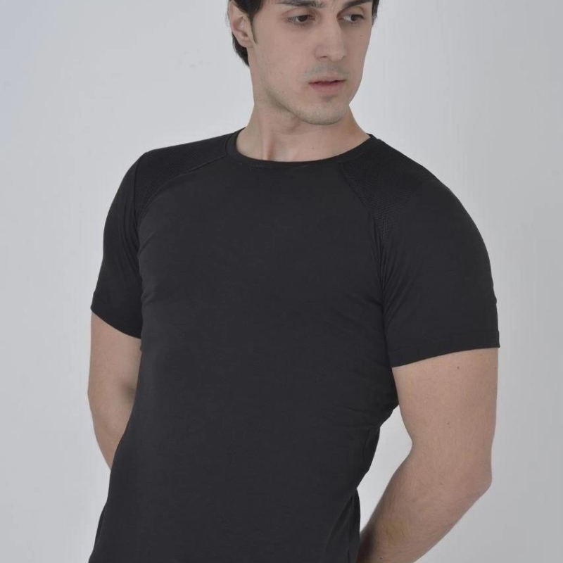 Erkek Omuz Fileli T-Shirt Kısa Kol Bisiklet Yaka Slimfit Tişört - Siyah Erkek Omuz Fileli T-Shirt Kısa Kol Bisiklet Yaka Slimfit Tişört - Siyah