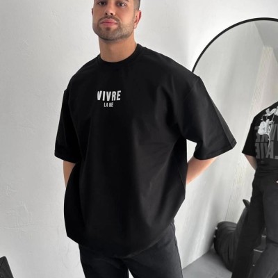 Erkek Ön ve Arka Baskılı T-Shirt Kısa Kol Bisiklet Yaka Regular Fit Tişört -  Siyah