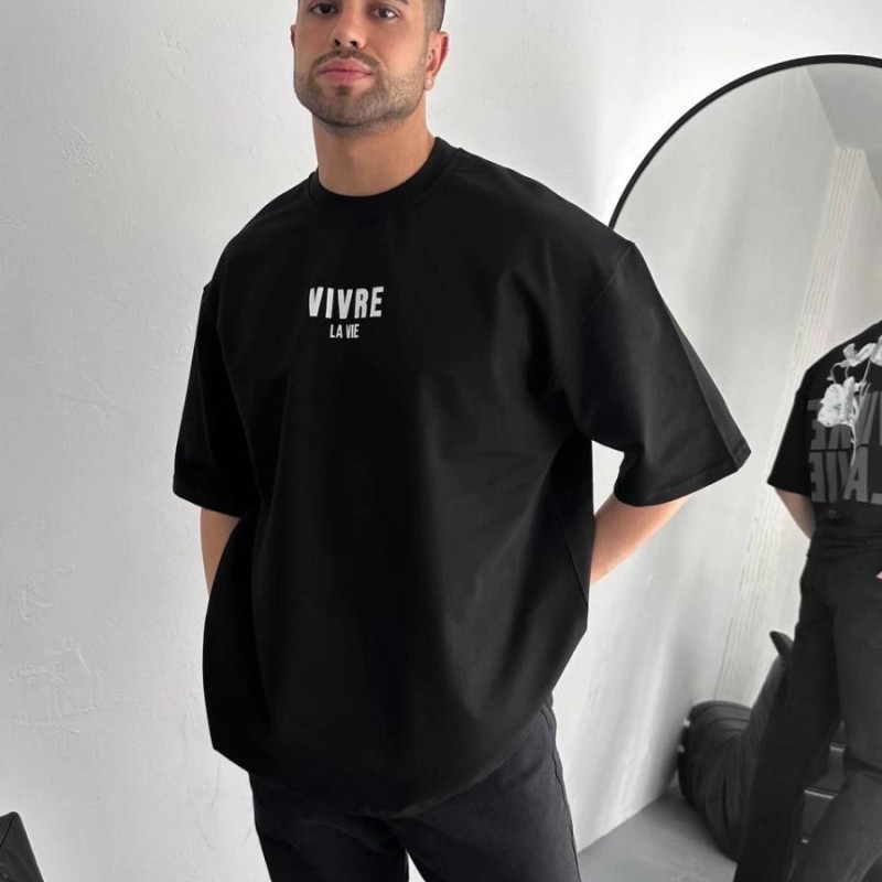 Erkek Ön ve Arka Baskılı T-Shirt Kısa Kol Bisiklet Yaka Regular Fit Tişört -  Siyah