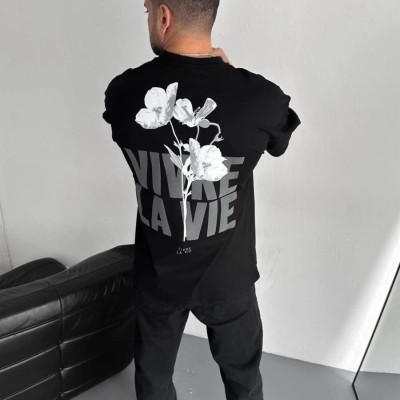 Erkek Ön ve Arka Baskılı T-Shirt Kısa Kol Bisiklet Yaka Regular Fit Tişört -  Siyah