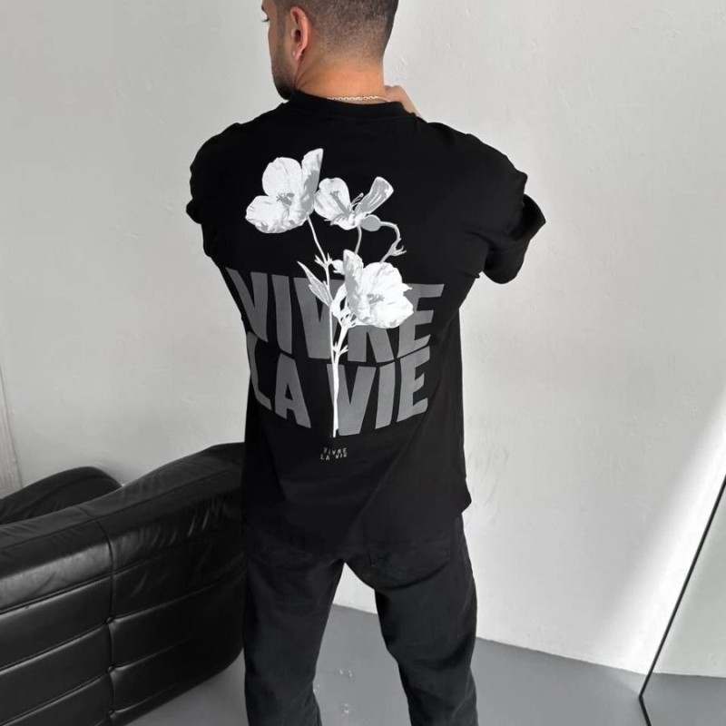 Erkek Ön ve Arka Baskılı T-Shirt Kısa Kol Bisiklet Yaka Regular Fit Tişört -  Siyah