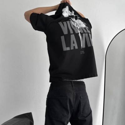 Erkek Ön ve Arka Baskılı T-Shirt Kısa Kol Bisiklet Yaka Regular Fit Tişört -  Siyah