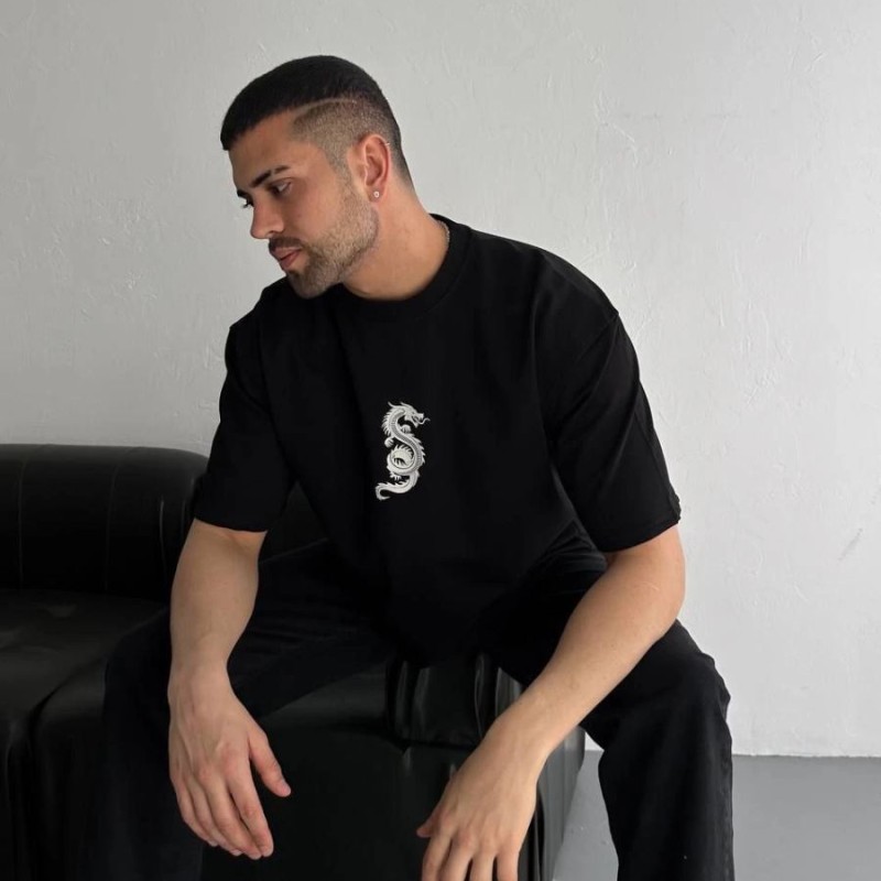 Erkek Ön ve Arka Baskılı T-Shirt Kısa Kol Bisiklet Yaka Regular Fit Tişört - Siyah Erkek Ön ve Arka Baskılı T-Shirt Kısa Kol Bisiklet Yaka Regular Fit Tişört - Siyah