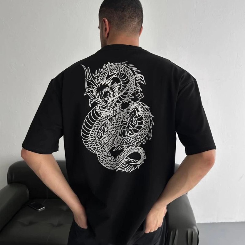 Erkek Ön ve Arka Baskılı T-Shirt Kısa Kol Bisiklet Yaka Regular Fit Tişört - Siyah Erkek Ön ve Arka Baskılı T-Shirt Kısa Kol Bisiklet Yaka Regular Fit Tişört - Siyah