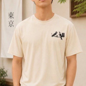 Erkek Ön ve Arka Tokyo Kuş Çiçek Baskılı Oversize T-Shirt - Ekru