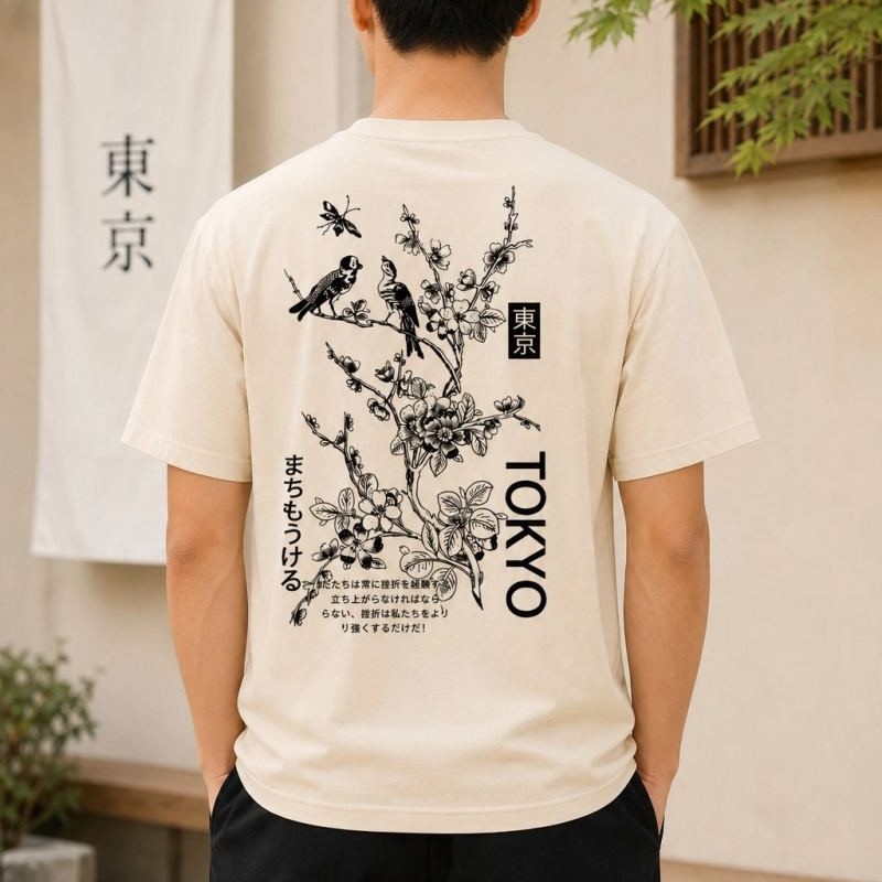 Erkek Ön ve Arka Tokyo Kuş Çiçek Baskılı Oversize T-Shirt - Ekru