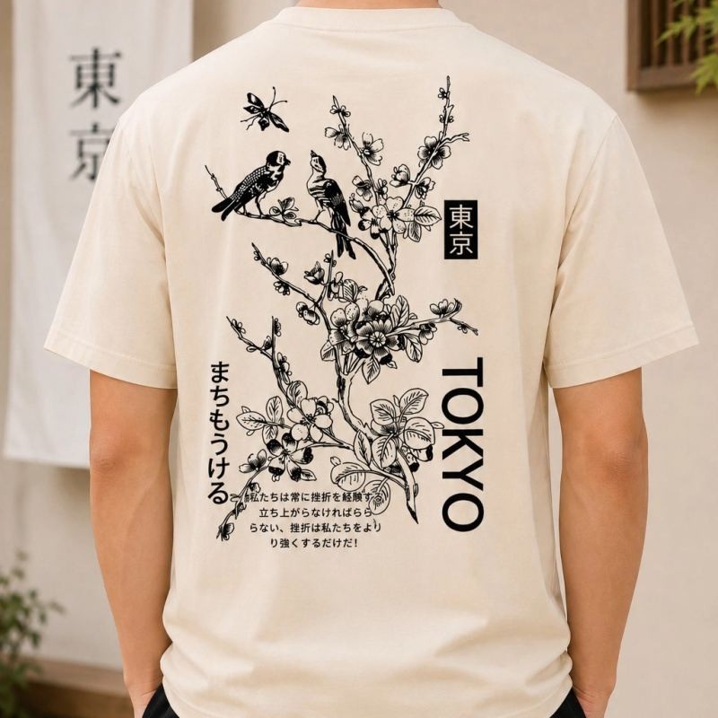 Erkek Ön ve Arka Tokyo Kuş Çiçek Baskılı Oversize T-Shirt - Ekru