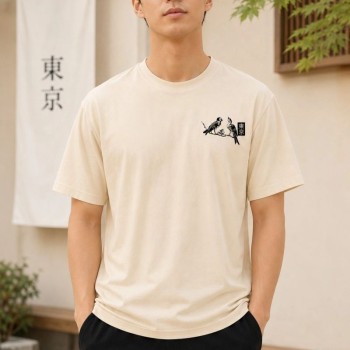 Erkek Ön ve Arka Tokyo Kuş Çiçek Baskılı Oversize T-Shirt - Ekru