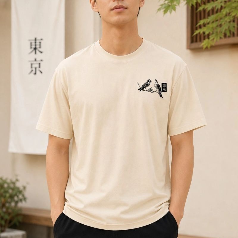 Erkek Ön ve Arka Tokyo Kuş Çiçek Baskılı Oversize T-Shirt - Ekru